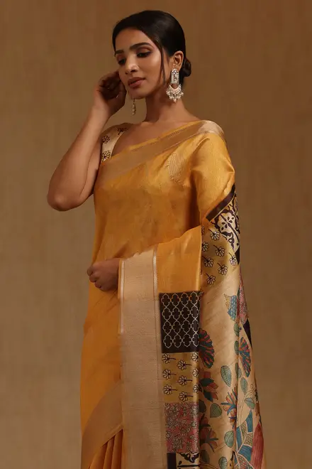Yellow Tussar Floral Zari Woven Saree